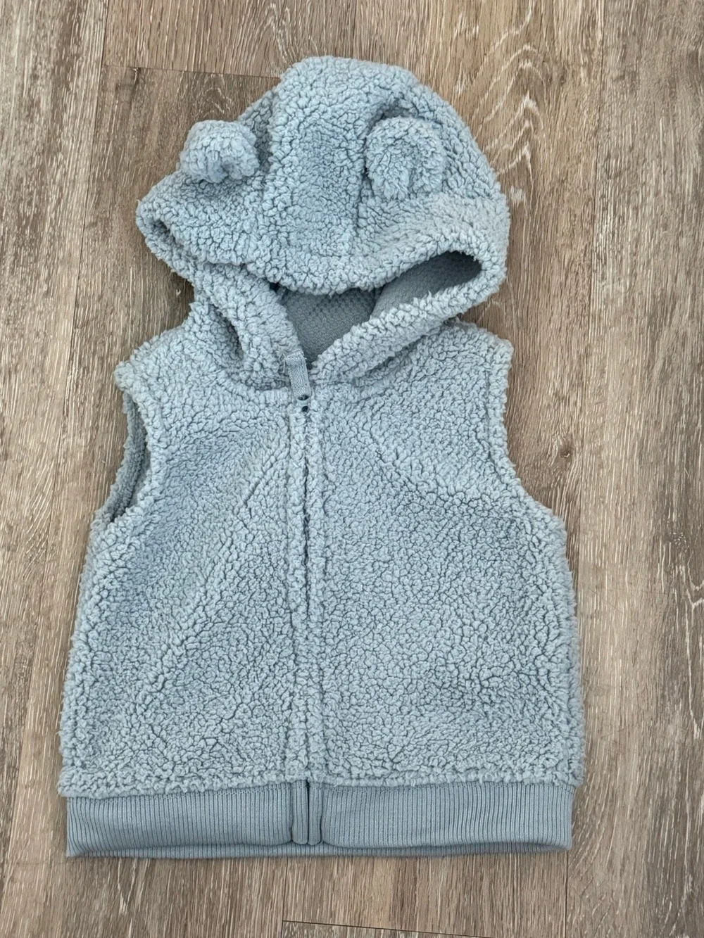 Carters Baby Boy Teddy Fleece Hooded Vest 3D Ears Blue Gray Full Zip 9M